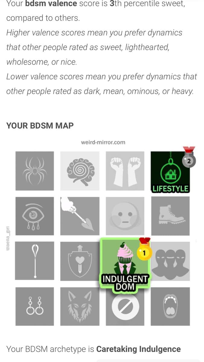 A screenshot of a BDSM personality quiz result from weird-mirror.com, showing a grid of icons with two highlighted categories: 'LIFESTYLE' and 'INDULGENT DOM'.