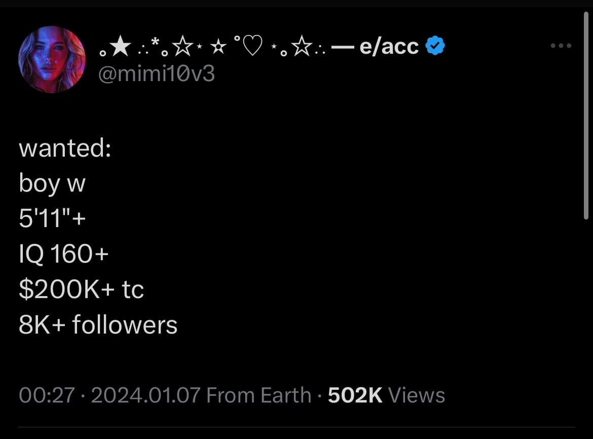 A screenshot of a tweet from the user @mimi10v3, featuring a profile picture of a woman and a list of desired partner criteria. The tweet text reads: 'wanted: boy w 5'11"+ IQ 160+ $200K+ tc 8K+ followers'.