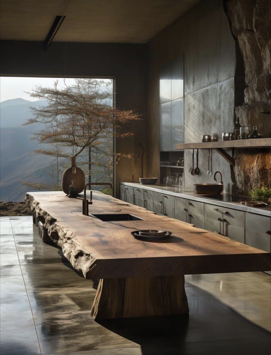 A photograph of a modern, minimalist kitchen featuring a large, live-edge wooden island table and concrete cabinetry, with a large window revealing a mountain landscape.