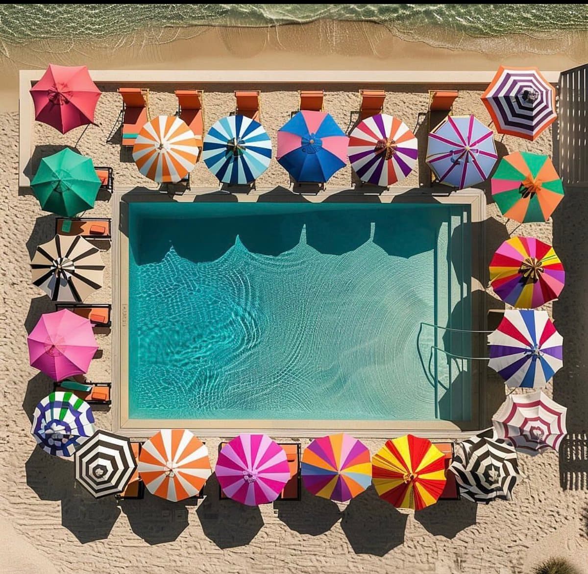 A top-down aerial photograph of a rectangular swimming pool surrounded by numerous colorful, patterned beach umbrellas and lounge chairs on a sandy beach. The umbrellas feature various vibrant designs, including stripes and solid colors, arranged around the pool's perimeter.