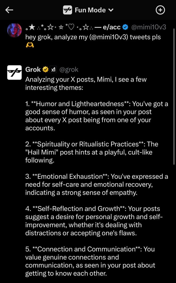 A screenshot of a social media conversation in 'Fun Mode' where a user asks the AI 'Grok' to analyze their tweets. Grok responds with a numbered list of five personality themes it identified from the user's posts.