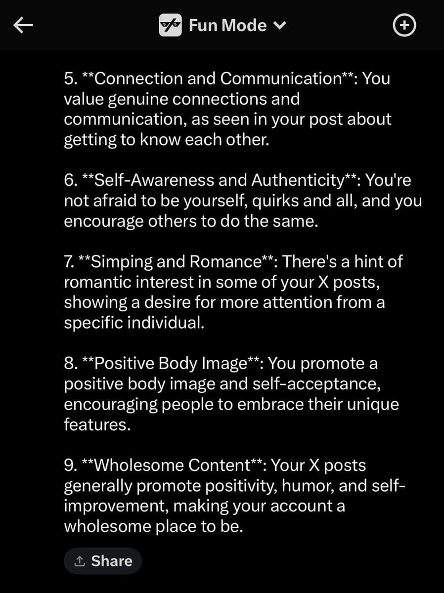 A screenshot of a mobile app interface titled 'Fun Mode' displaying a numbered list of personality traits. The text describes the user's online presence, highlighting values like connection, authenticity, and positive body image.