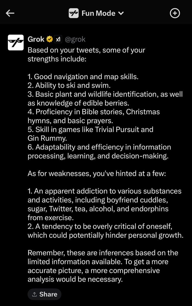 A screenshot of a Grok 'Fun Mode' chat interface displaying a humorous personality analysis. The text lists the user's inferred strengths (like navigation and Bible stories) and weaknesses (including an 'addiction to boyfriend cuddles').