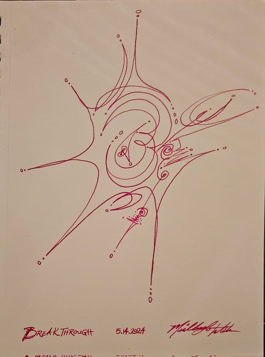 A red ink drawing on a white page depicting a stylized, abstract figure with radiating lines and swirls. The image is signed and dated at the bottom.