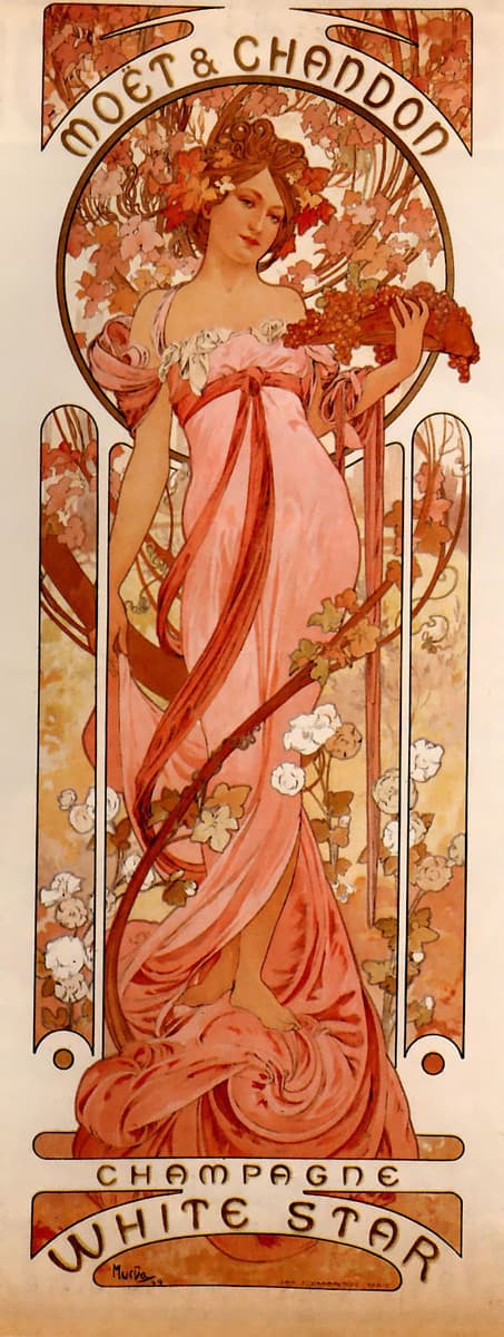 A vertical Art Nouveau poster by Alphonse Mucha featuring a woman in a flowing pink dress holding a cluster of grapes, framed by grapevines and flowers. The text at the top reads 'MOET & CHANDON' and at the bottom reads 'CHAMPAGNE WHITE STAR.'