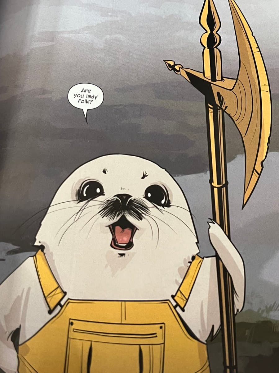 A cartoon illustration of a smiling white seal wearing yellow overalls and holding a large golden scythe, set against a gray, cloudy background. A speech bubble above the seal contains the text 'Are you lady folk?'.