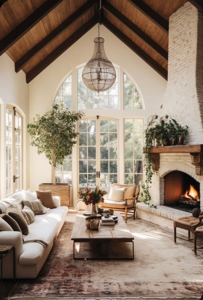 A bright, rustic living room featuring a vaulted wooden ceiling, a large white brick fireplace with a lit fire, and tall arched windows. The space is furnished with a long white sofa, a wooden coffee table, and a rattan armchair, accented with numerous houseplants and a woven chandelier.