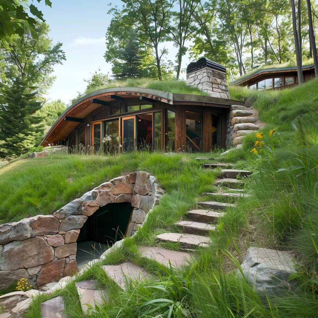 A photograph of a modern, eco-friendly house built into a grassy hillside, featuring a curved green roof, large glass windows, and a stone chimney. A stone-paved path winds up the hill toward the entrance, with a stone archway visible at the base of the slope.