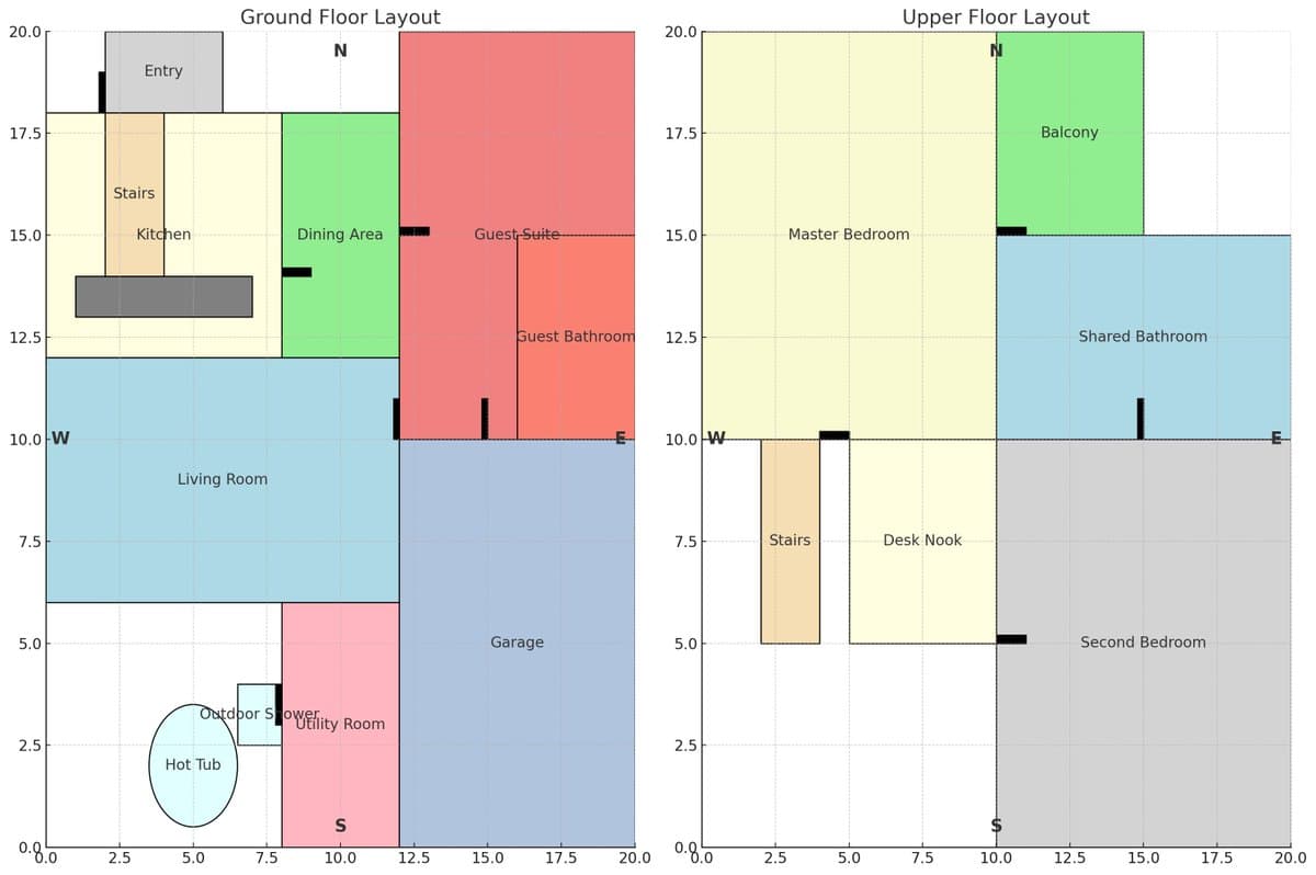 A two-panel chart displaying a generated floor plan for a house, divided into a 'Ground Floor Layout' and an 'Upper Floor Layout.' The diagrams use colored blocks to represent different rooms such as a kitchen, living room, bedrooms, and a garage, with a grid and compass directions (N, S, E, W) for orientation.