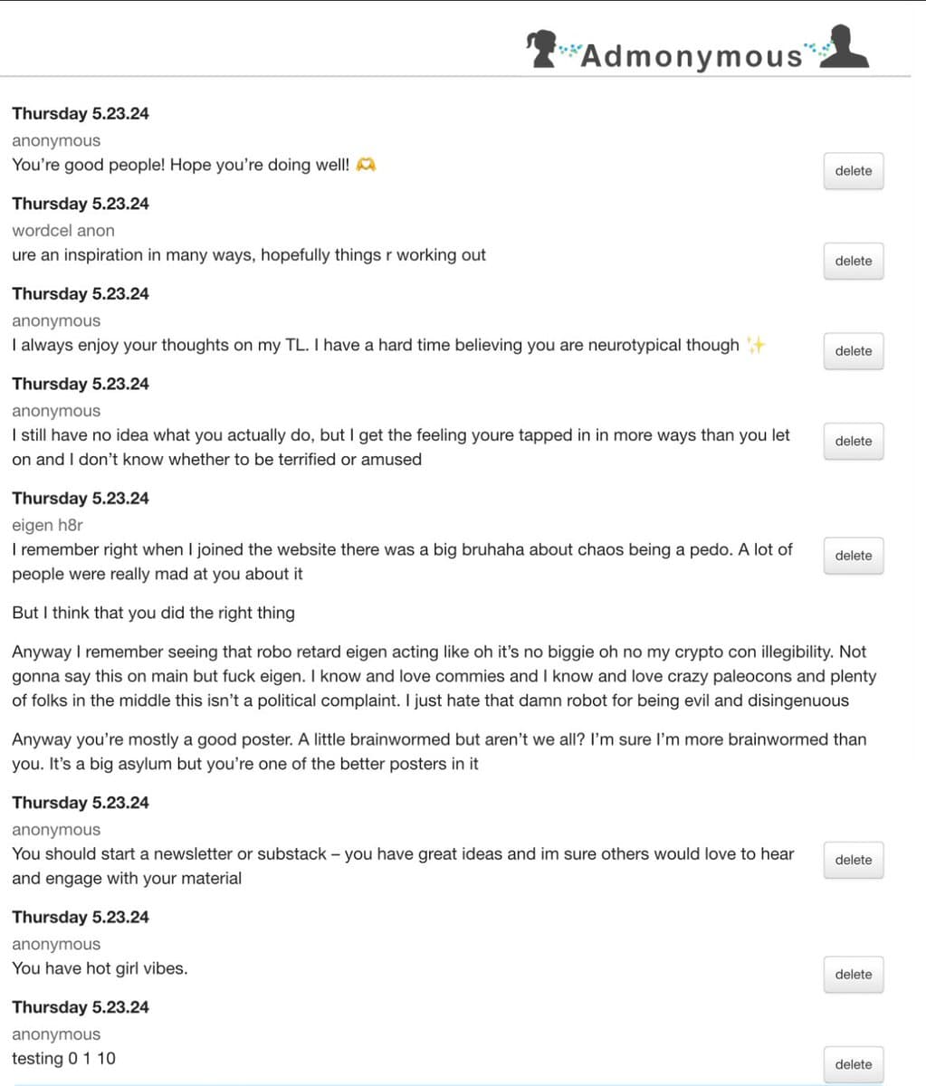 A screenshot of the 'Admonymous' anonymous messaging platform, displaying a list of user-submitted messages dated Thursday 5.23.24. Each entry includes a username (mostly 'anonymous'), a message, and a 'delete' button.