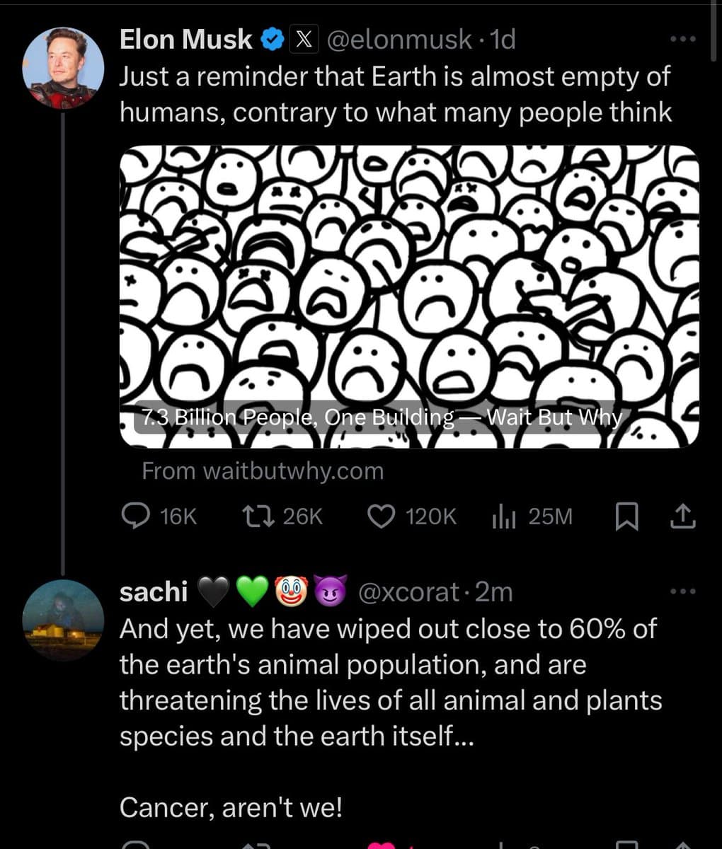 A screenshot of a Twitter conversation featuring a post by Elon Musk and a reply from a user named sachi. The image includes a meme with a crowd of cartoon faces and text discussing the global human population.
