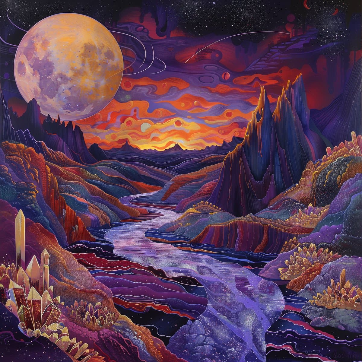 A vibrant, psychedelic digital painting of an alien landscape featuring a winding river, jagged purple mountains, and crystal formations under a sky with a large orange planet and swirling red clouds. The scene is illuminated by a glowing horizon, creating a surreal and otherworldly atmosphere.