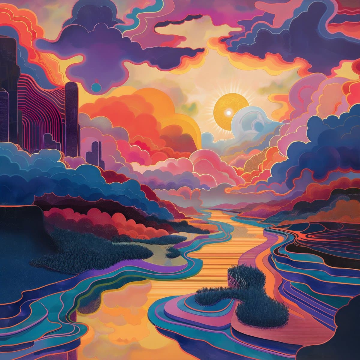 A vibrant, stylized digital illustration depicting a surreal landscape with a winding river, colorful layered clouds, and a glowing sun. The scene features a city skyline on the left and rolling hills, rendered in a psychedelic palette of pinks, purples, oranges, and blues.