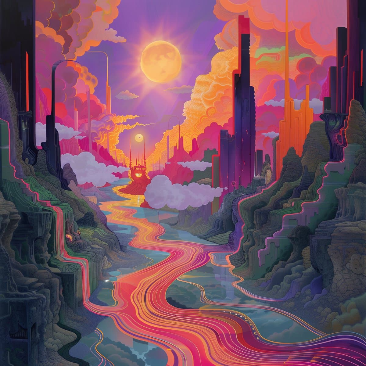 A vibrant, surreal digital illustration of a futuristic cityscape featuring a winding, multicolored river flowing through a canyon of stylized cliffs and towering skyscrapers. The scene is set against a dramatic sky filled with swirling pink and orange clouds and a large, glowing sun or moon. The overall aesthetic is dreamlike and psychedelic, evoking a sense of otherworldly energy.
