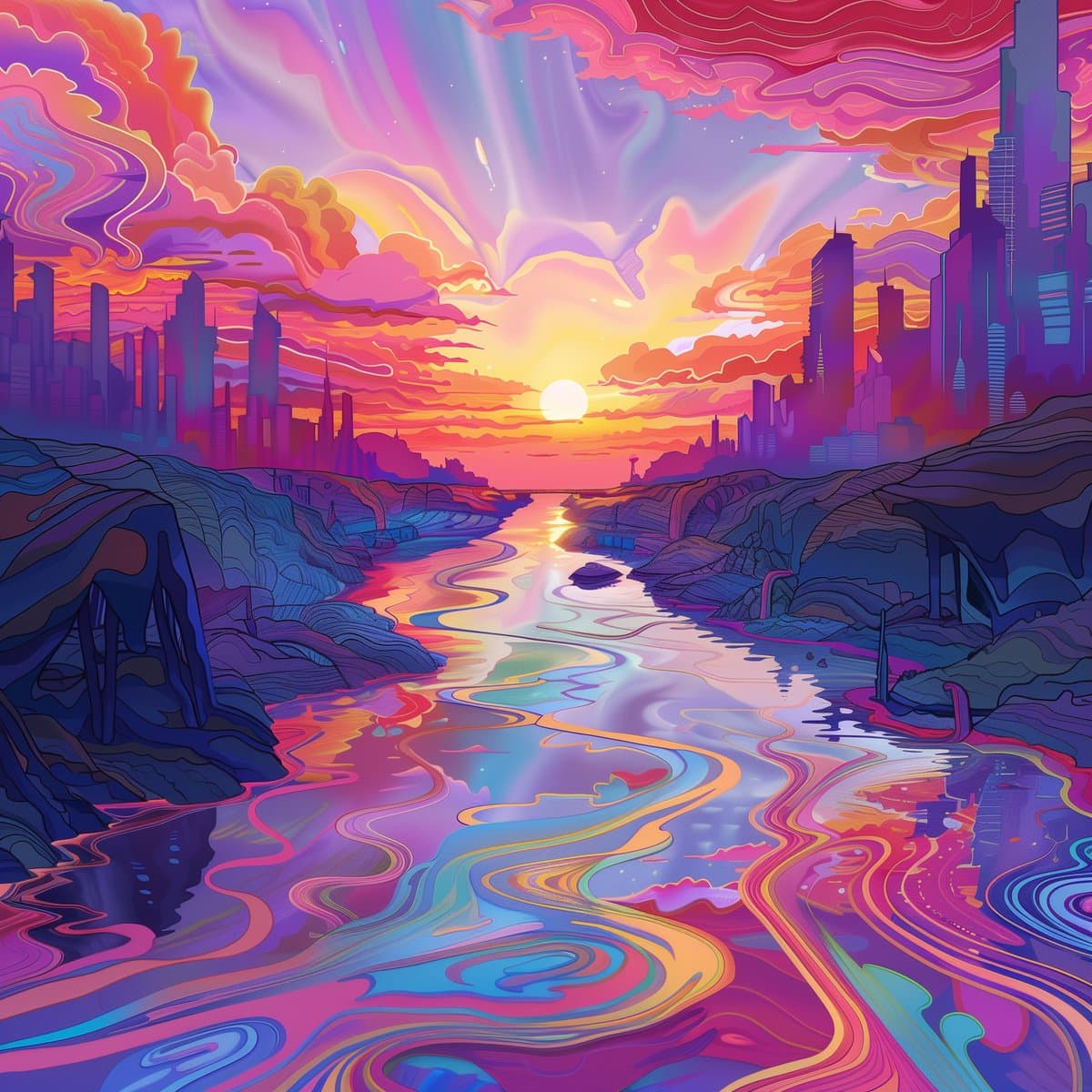 A vibrant, psychedelic digital illustration depicting a futuristic cityscape at sunset, with a winding, colorful river flowing through the foreground. The scene features stylized skyscrapers, swirling clouds, and a glowing sun, all rendered in a neon palette of pinks, purples, and oranges.