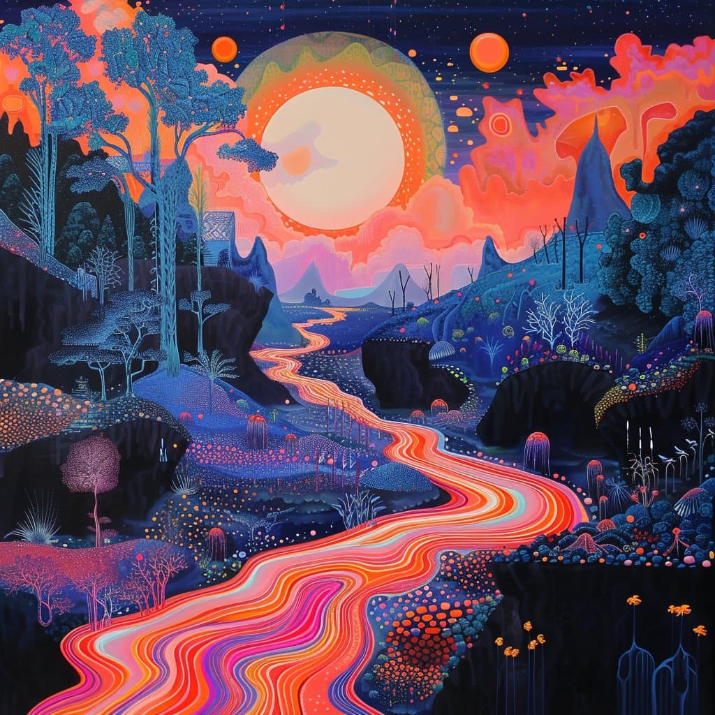 A vibrant, surreal digital illustration depicting a fantastical landscape with a glowing, multi-colored river winding through a dark, starry night scene. The scene features stylized trees, rolling hills, and a large, luminous moon surrounded by orange and pink clouds.