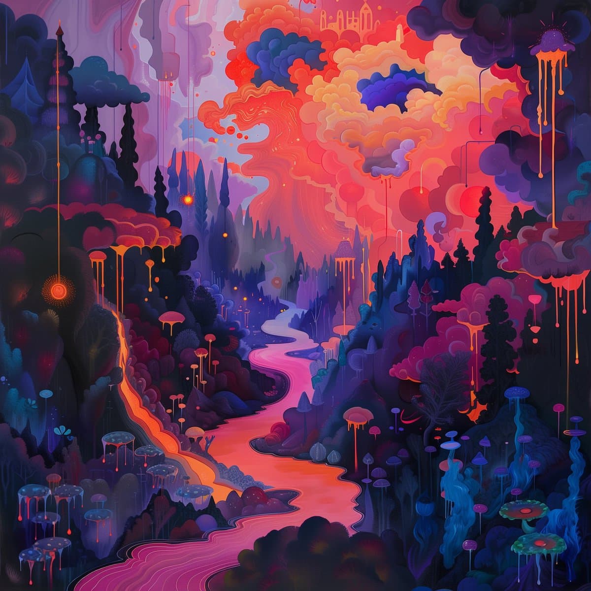 A vibrant, surreal digital illustration depicting a fantastical landscape with a glowing pink river winding through a dark, forested valley. The scene features stylized trees, mushroom-like flora, and a sky filled with swirling clouds in shades of orange, red, and purple, with glowing orbs and dripping elements adding to the otherworldly atmosphere.