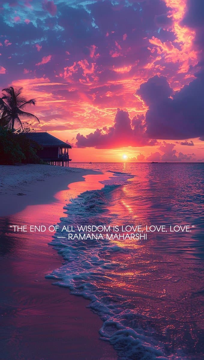 A vibrant sunset over a tropical beach with a small hut and palm tree on the left, featuring a quote overlaid on the water. The sky is filled with dramatic pink and purple clouds reflecting on the ocean surface.