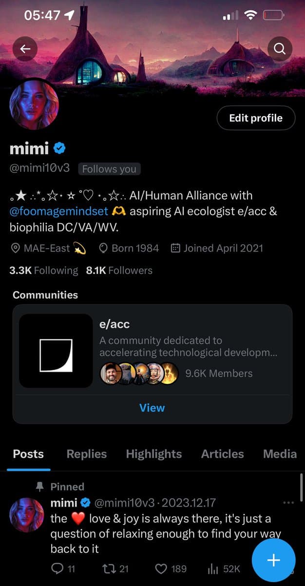 A screenshot of a Twitter profile page for the user 'mimi' (@mimi10v3). The profile features a banner image of a fantasy landscape, a profile picture of a woman, and a bio describing the user as an 'AI/Human Alliance' member and 'aspiring AI ecologist.' The page also displays a 'Communities' section for 'e/acc' and a pinned post.