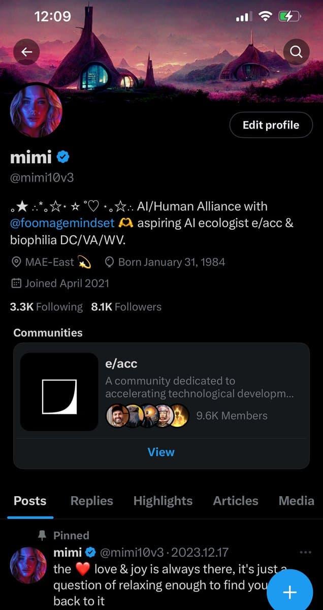 A screenshot of a Twitter profile page for the user 'mimi' (@mimi10v3). The profile features a fantasy-themed header image, a profile picture of a woman, and a bio describing the user as an 'AI/Human Alliance' member and 'aspiring AI ecologist.' The page shows the user has 8.1K followers and is a member of the 'e/acc' community.