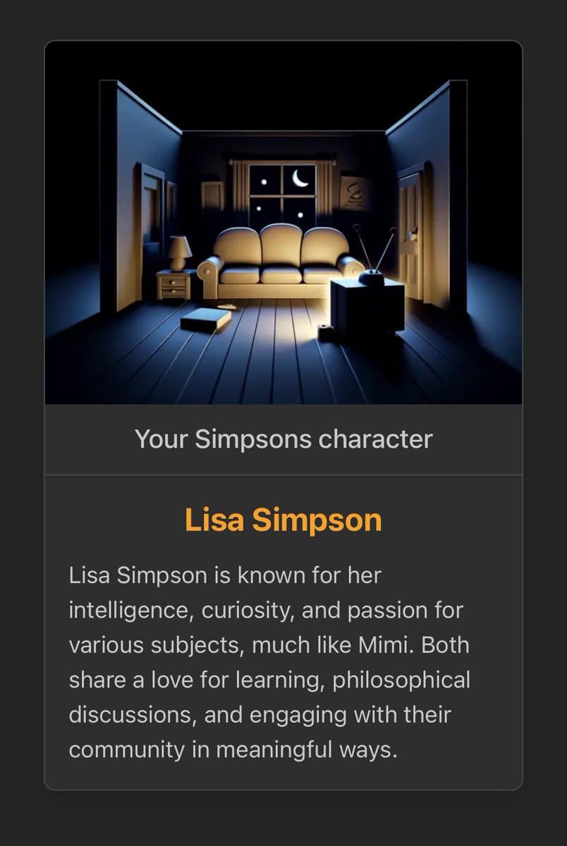 A screenshot of a social media post featuring a 3D-rendered, dimly lit living room with a couch, lamp, and a window showing a crescent moon. Below the image is a text card titled 'Your Simpsons character' that identifies the user as 'Lisa Simpson' and provides a brief description of her traits.
