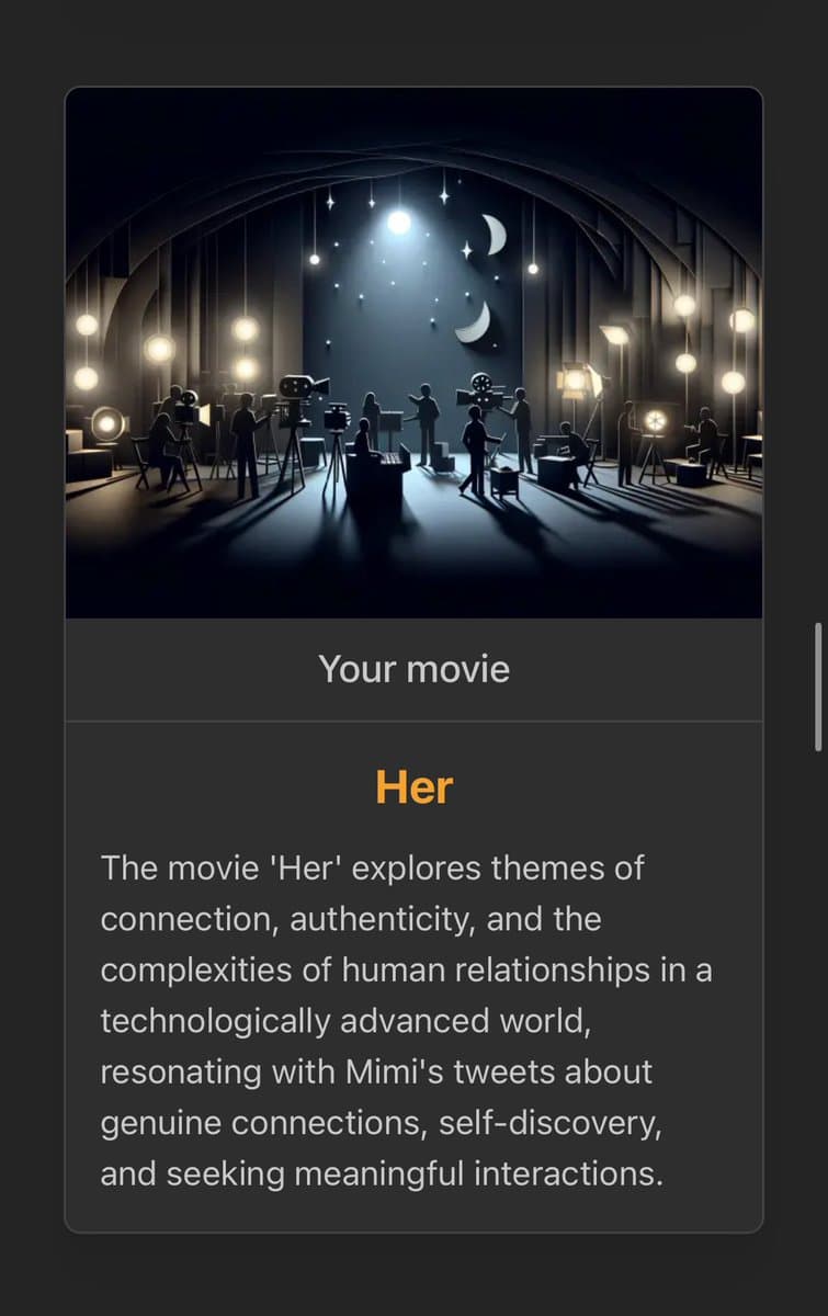 A screenshot of a social media post featuring a stylized, dark illustration of a film set with silhouetted figures and cameras under a starry, moonlit sky. Below the image is a text card titled "Your movie" that recommends the film "Her" and explains its thematic connection to the user's tweets.