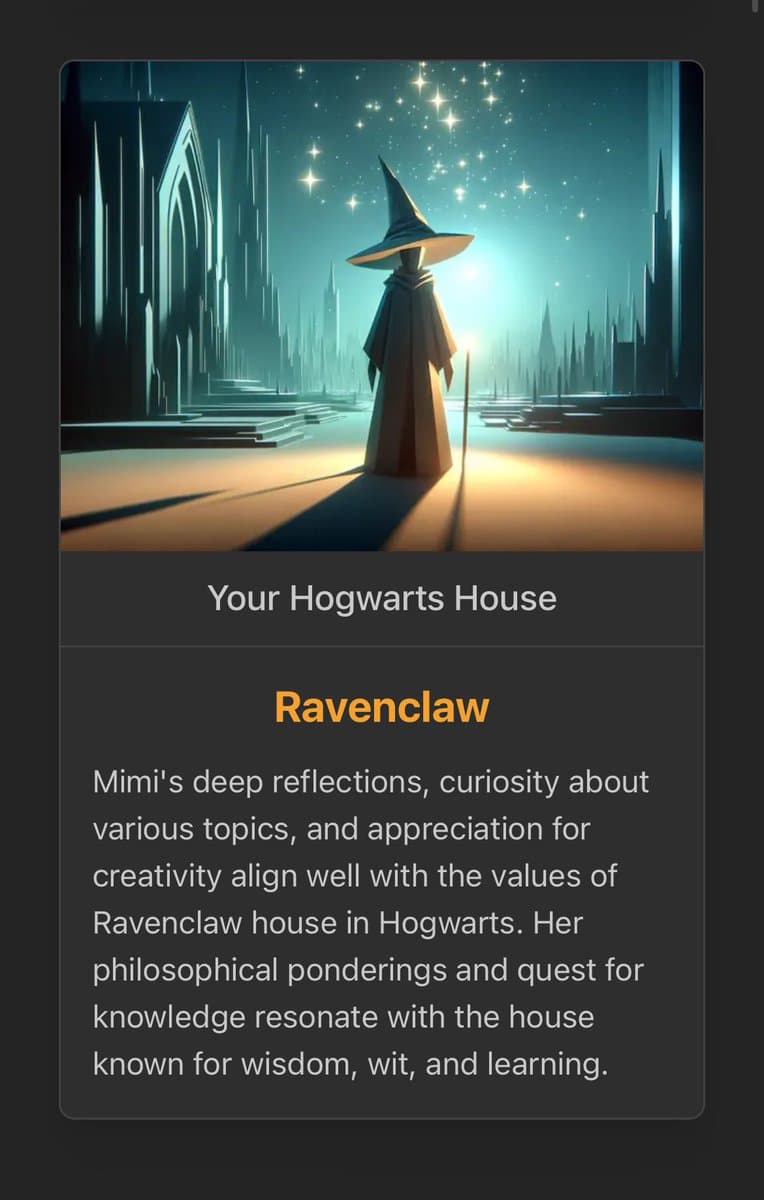 A screenshot of a Twitter horoscope card titled "Your Hogwarts House," featuring a digital illustration of a wizard in a starry, futuristic cityscape. The card identifies the user's house as Ravenclaw and includes a personalized description.