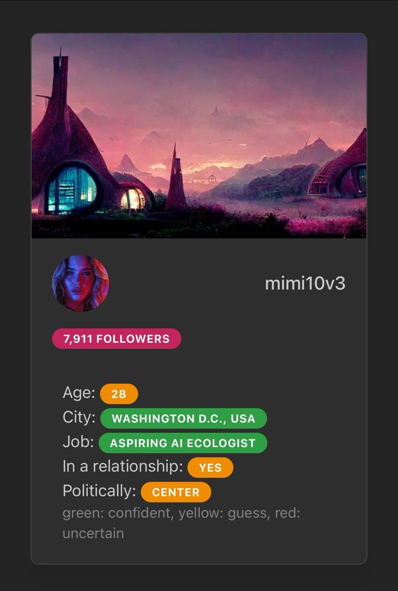 A social media profile card featuring a fantasy landscape banner and a user profile section. The profile displays a circular avatar, a username, follower count, and a list of personal attributes with color-coded tags.