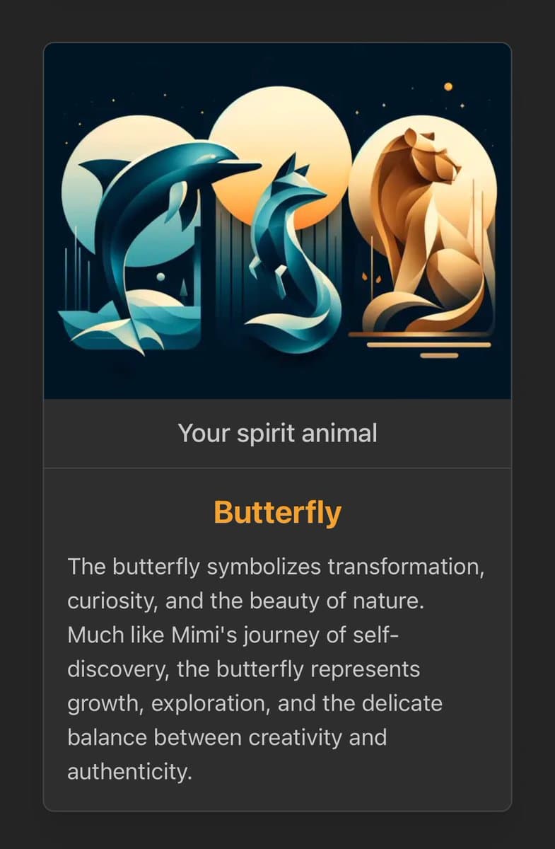 A digital graphic titled "Your spirit animal" that identifies the butterfly as the subject, accompanied by a paragraph of descriptive text. The top of the image features stylized, geometric illustrations of a dolphin, a fox, and a lion against a dark, starry background with large circular moon-like shapes. The text below explains the butterfly's symbolism in relation to a person named Mimi.