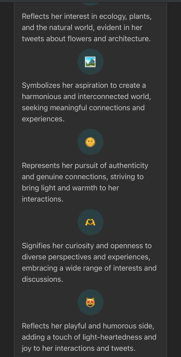 A screenshot of a text-based list explaining the symbolic meaning of various emojis in relation to a person's interests and personality traits. The text is displayed in white on a dark background, with each explanation paired with a corresponding emoji icon (a landscape, a sun, a heart, and a cat face).
