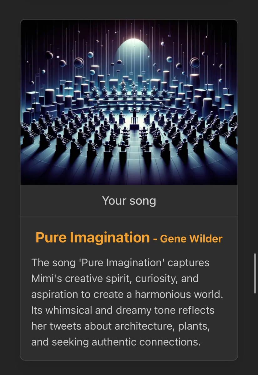 A screenshot of a social media post featuring a digital illustration of a futuristic orchestra with floating spheres and a glowing moon. Below the image, text describes the song 'Pure Imagination' by Gene Wilder as a reflection of the user's creative spirit and interests in architecture and plants.