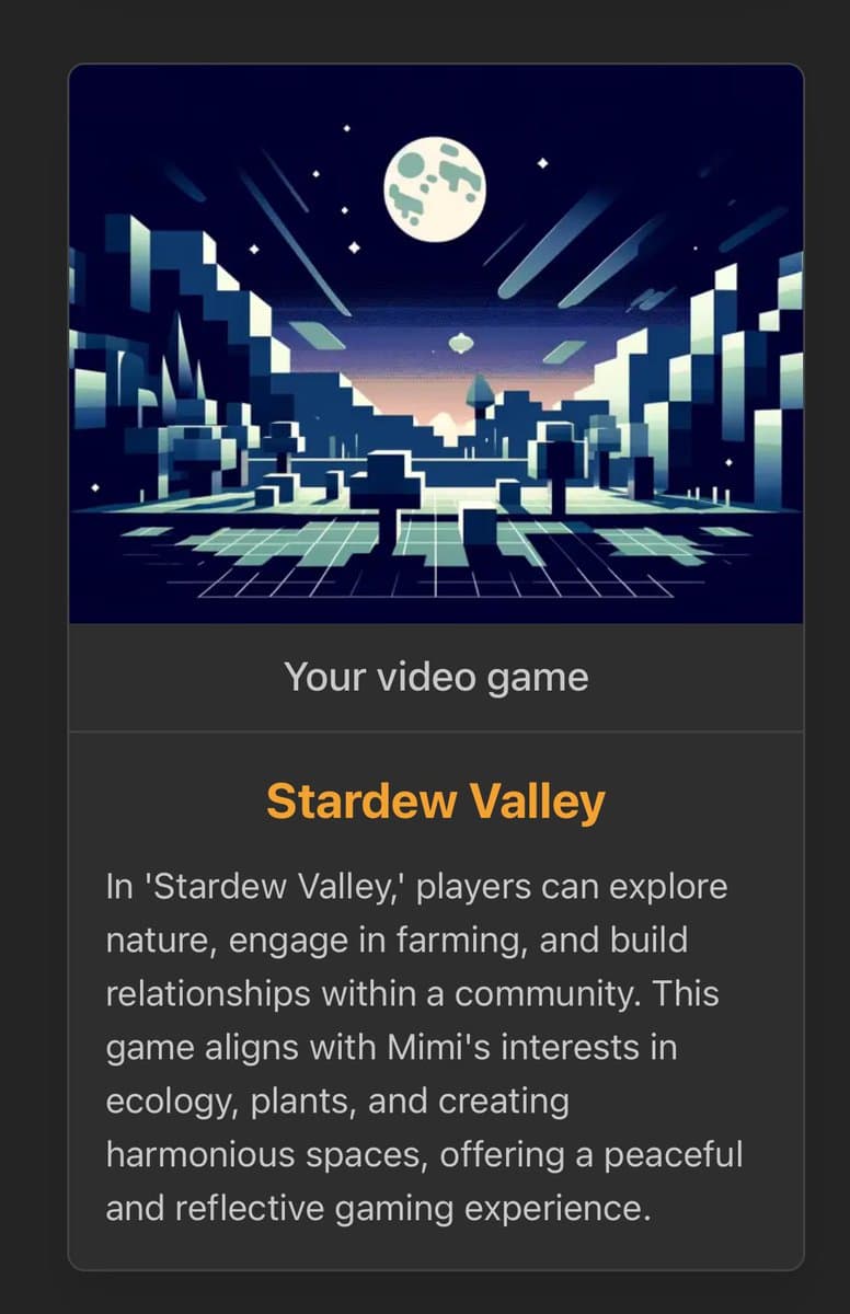 A screenshot of a social-media post featuring a stylized, pixel-art night landscape with a full moon and a grid-like ground. Below the image is a text card titled "Your video game" that recommends the game "Stardew Valley."