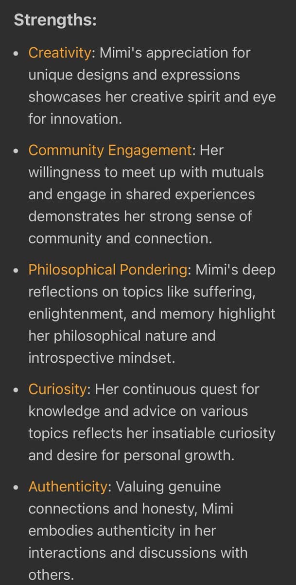 A text-based image listing five personal strengths with bullet points. The text is displayed in white and orange on a dark background.