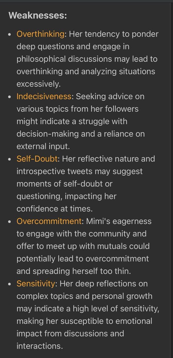 A text-based image listing five character weaknesses with bullet points. Each weakness is highlighted in orange, followed by a descriptive explanation in white text on a dark background.