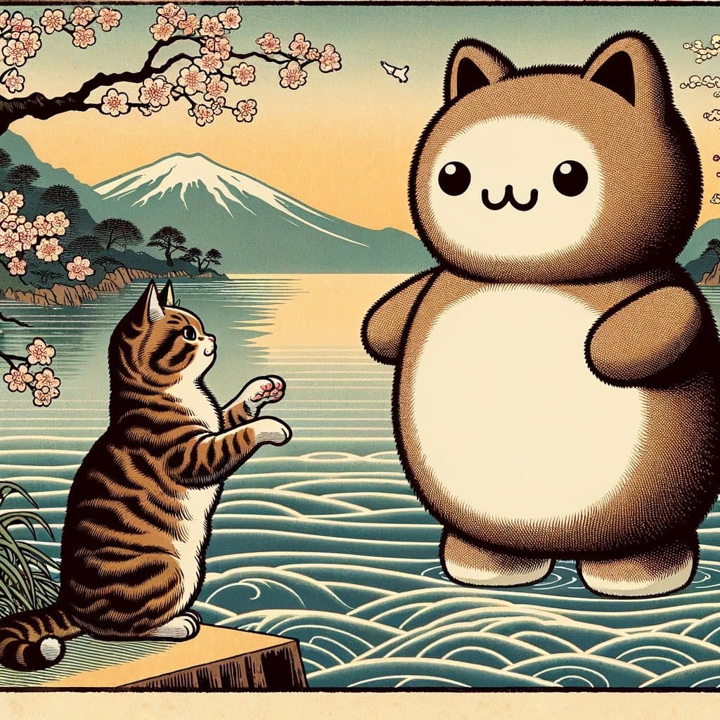 A Japanese woodblock-style illustration showing a small tabby cat on a dock reaching toward a large, round, brown bear-like creature standing in the water. The background features a snow-capped mountain, cherry blossom branches, and a stylized ocean.