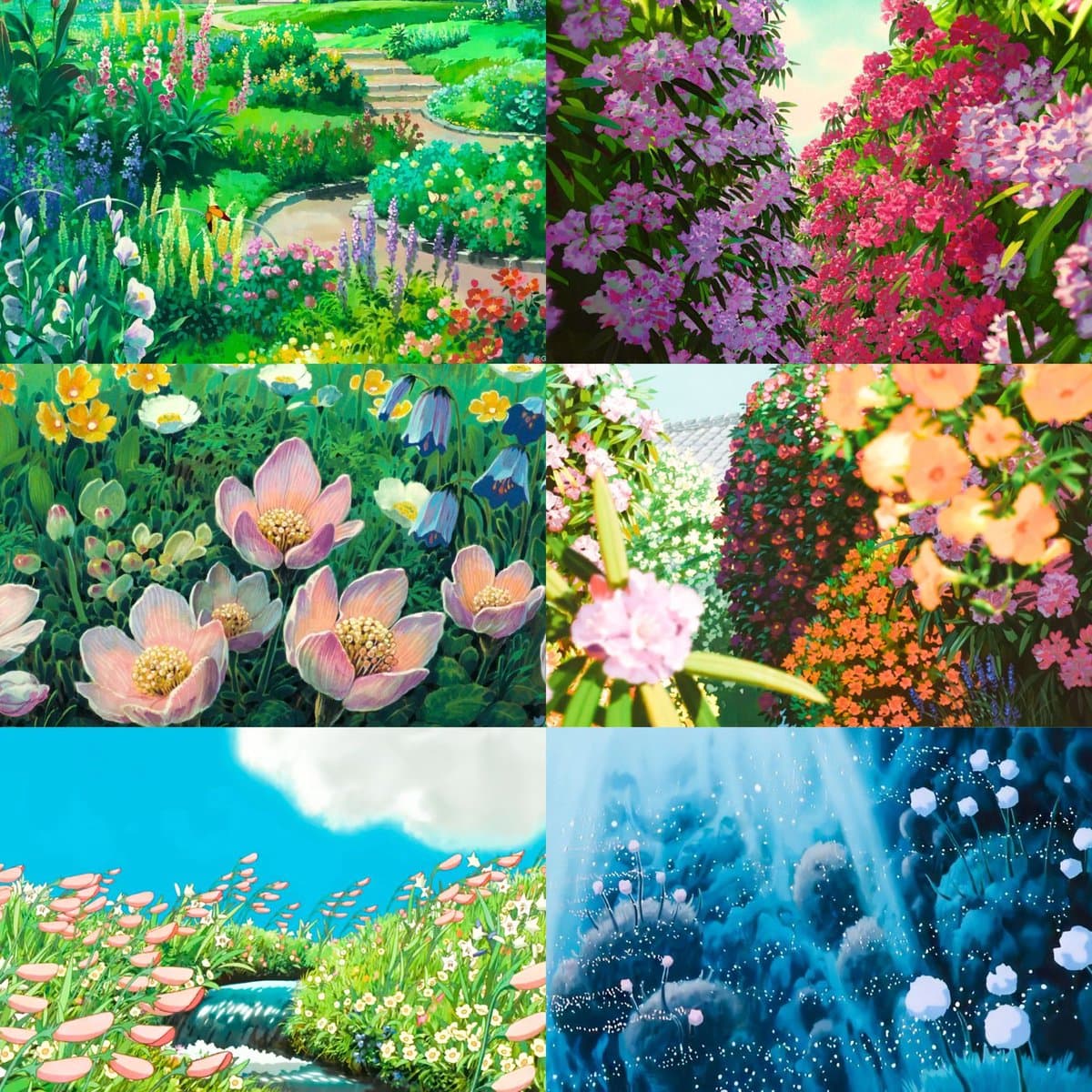 A six-panel collage of vibrant, hand-painted floral illustrations in the style of Studio Ghibli, featuring lush gardens, blooming flowers, and a magical blue forest scene. The artwork showcases detailed, colorful botanicals in various settings, from sunny meadows to mystical, glowing landscapes.