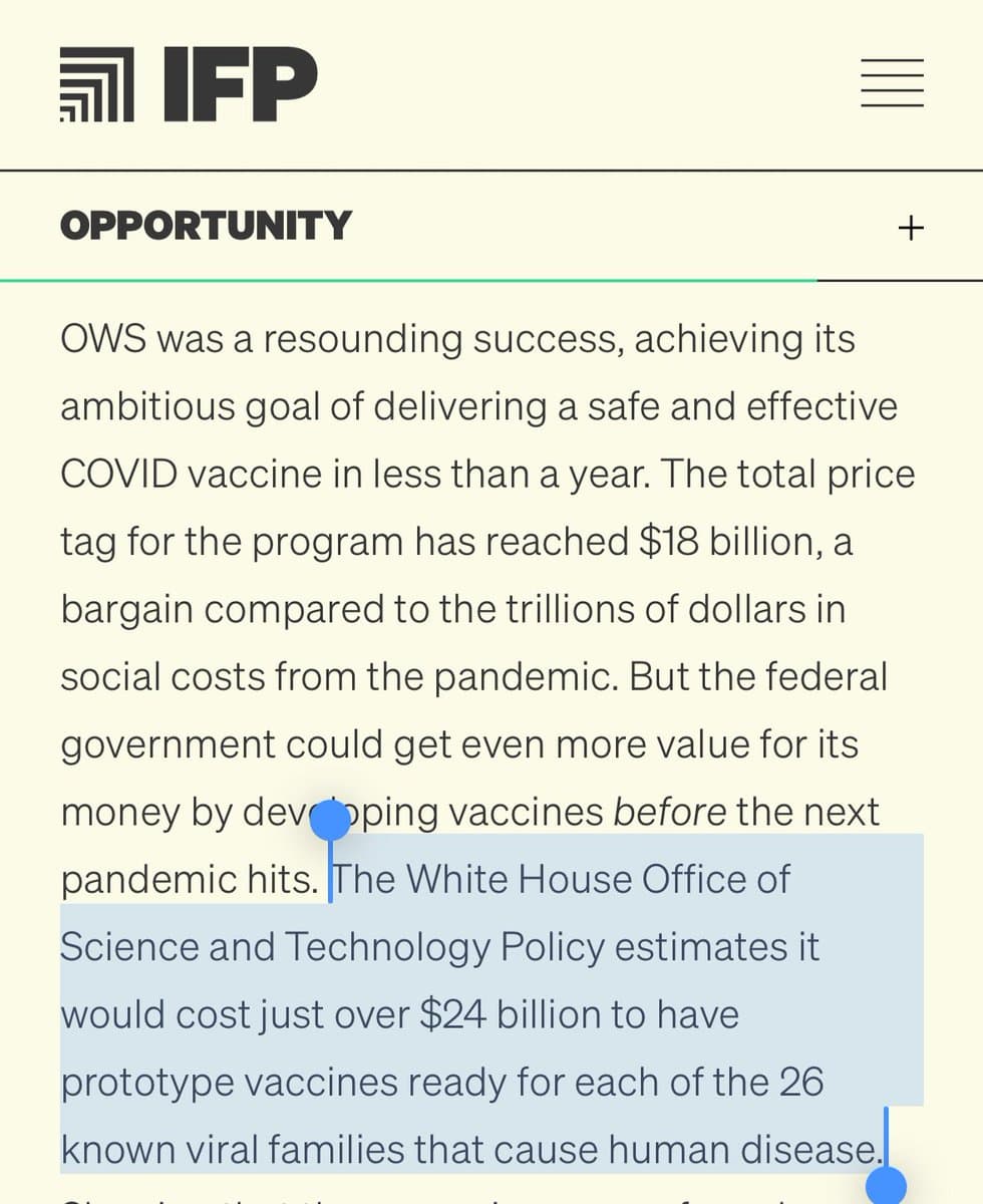 A screenshot of a webpage from the Institute for Policy (IFP) showing an article titled 'OPPORTUNITY' about the success of the Operation Warp Speed (OWS) program and the cost of developing vaccines for future pandemics. A portion of the text is highlighted in blue.