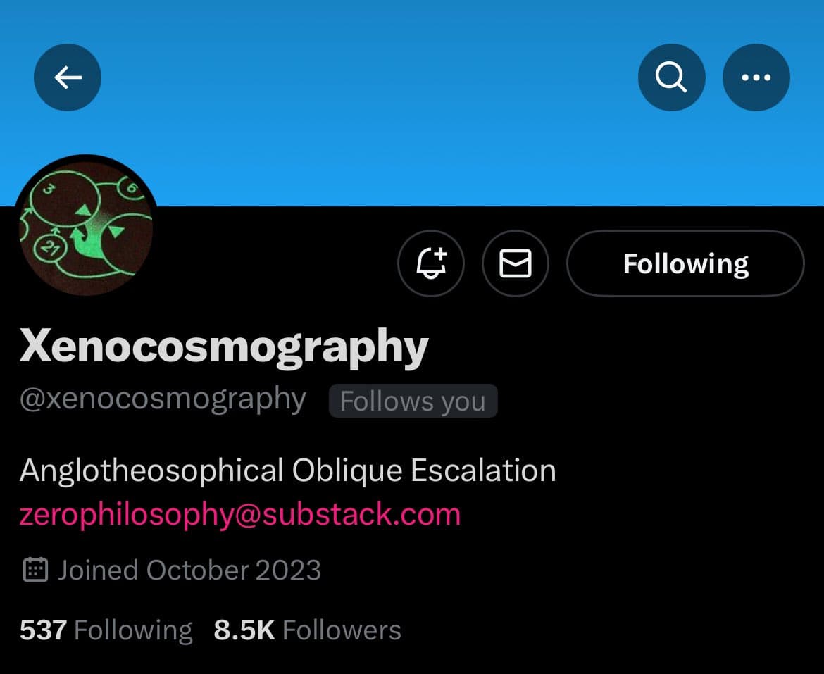 A screenshot of a Twitter profile page for the account Xenocosophy (@xenocosmography). The profile shows a green abstract avatar, a bio reading "Anglotheosophical Oblique Escalation" with an email address, and a "Following" button indicating the viewer already follows the account.