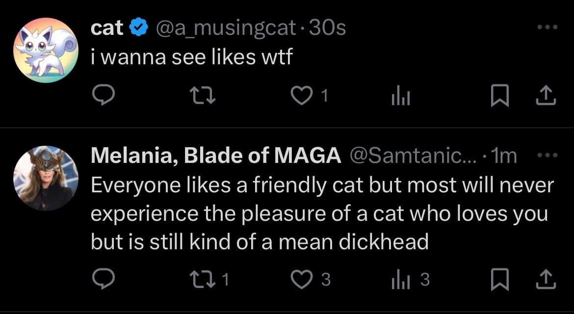 A screenshot of a Twitter conversation between two users. The top tweet is from a user named 'cat' (@a_musingcat) who is replying to the user below. The bottom tweet is from 'Melania, Blade of MAGA' (@Samtanic...).