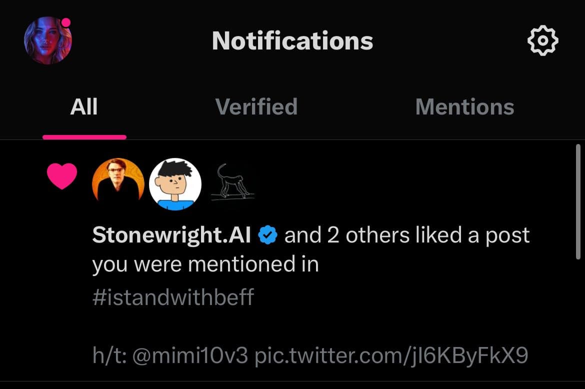 A screenshot of a Twitter notifications page showing a like notification. The notification indicates that Stonewright.AI and two others liked a post the user was mentioned in, with the hashtag #istandwithbeff.