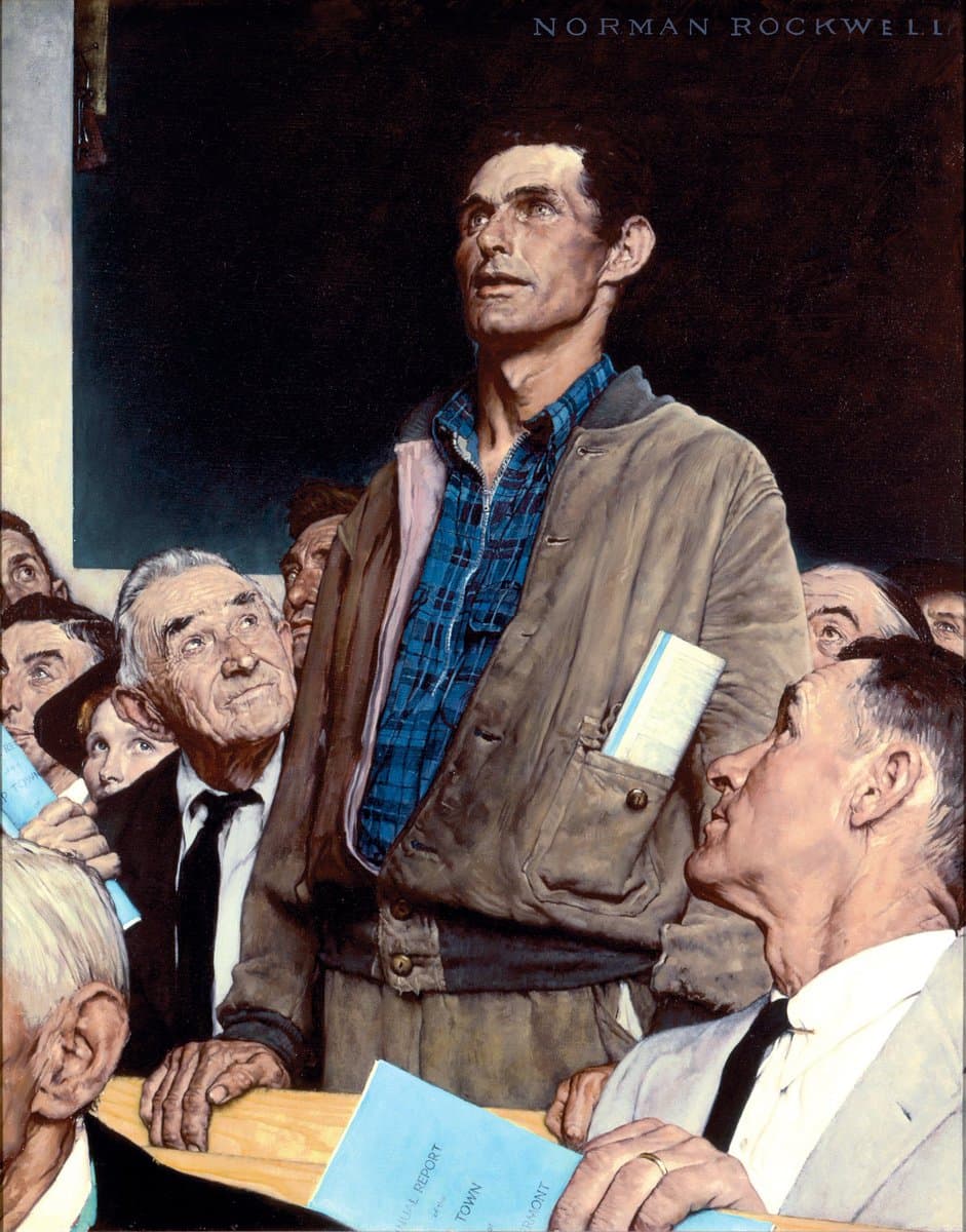 A reproduction of Norman Rockwell's painting 'The Four Freedoms,' depicting a man standing in a crowd of seated men, looking upward with a hopeful expression. The artist's name is printed in the upper right corner.