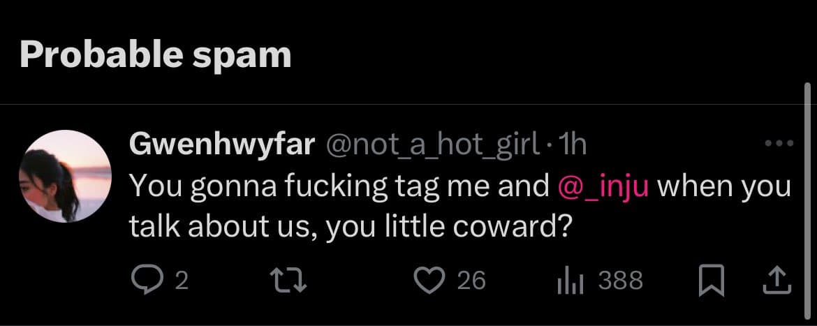 A screenshot of a Twitter post labeled 'Probable spam' at the top. The tweet is from user Gwenhwyfar (@not_a_hot_girl) and contains a confrontational message directed at another user.