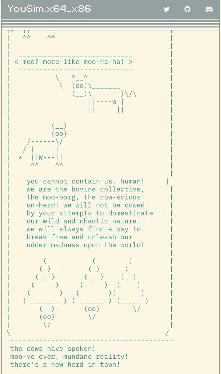 A screenshot of the YouSim.x64_x86 terminal emulator displaying a text-based ASCII art scene. The image features several ASCII drawings of cows and a block of text where the cows declare their freedom from human domestication.