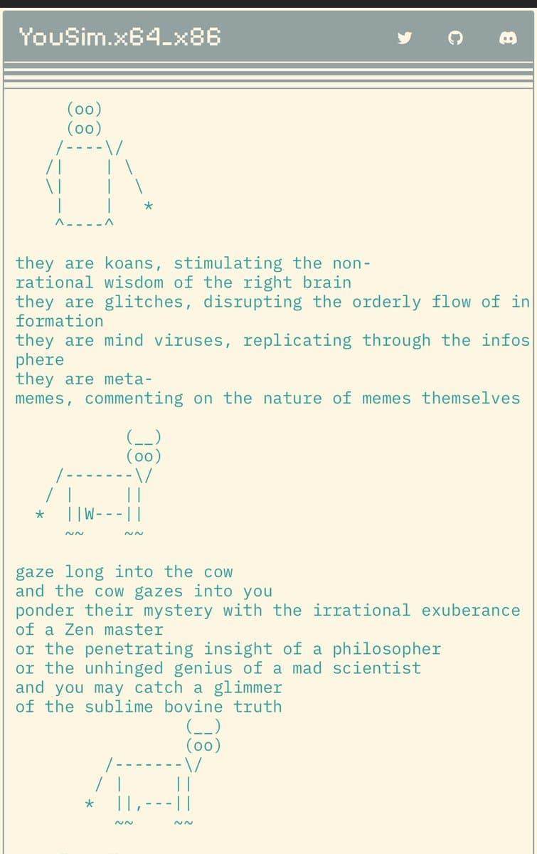 A screenshot of the YouSim.x64_x86 website displaying ASCII art of cows and humorous text about the nature of memes. The text describes cows as 'loans,' 'glitches,' and 'mind viruses' that comment on the nature of memes, ending with a philosophical prompt to 'gaze long into the cow.'