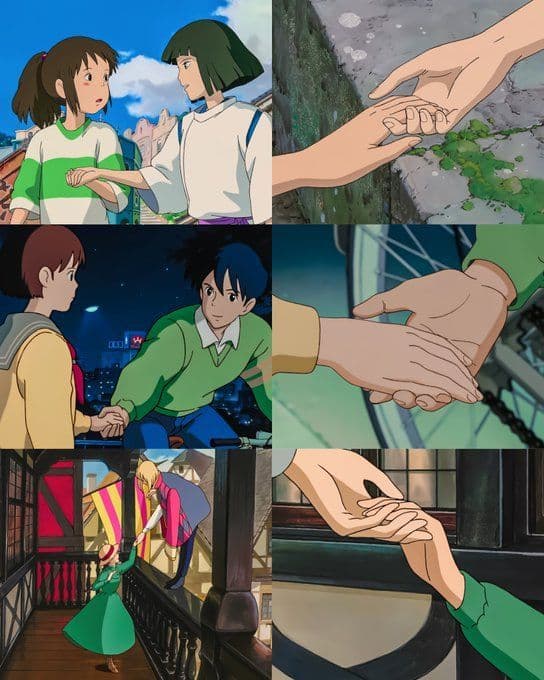 A six-panel collage of stills from Studio Ghibli films, each depicting a scene of two characters holding hands or reaching for one another. The images are arranged in a 3x2 grid, illustrating the theme of connection and affection.