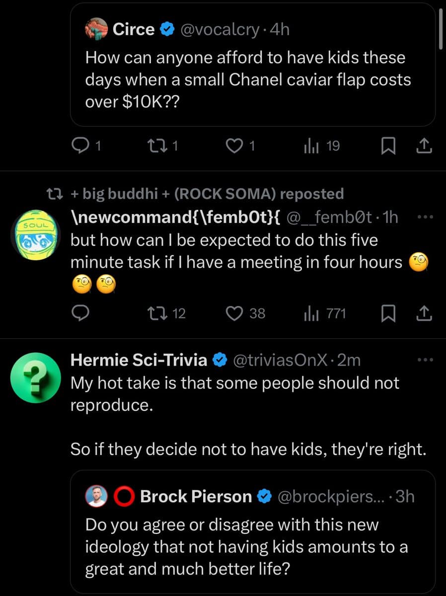 A screenshot of a Twitter/X conversation thread featuring multiple users discussing the cost of raising children and the decision to have kids. The thread includes a quote tweet from 'Circe' about the high cost of a Chanel caviar flap, a reply from '\newcommand{\femb0t}' about a five-minute task, and a quote tweet from 'Hermie Sci-Trivia' about people who should not reproduce.