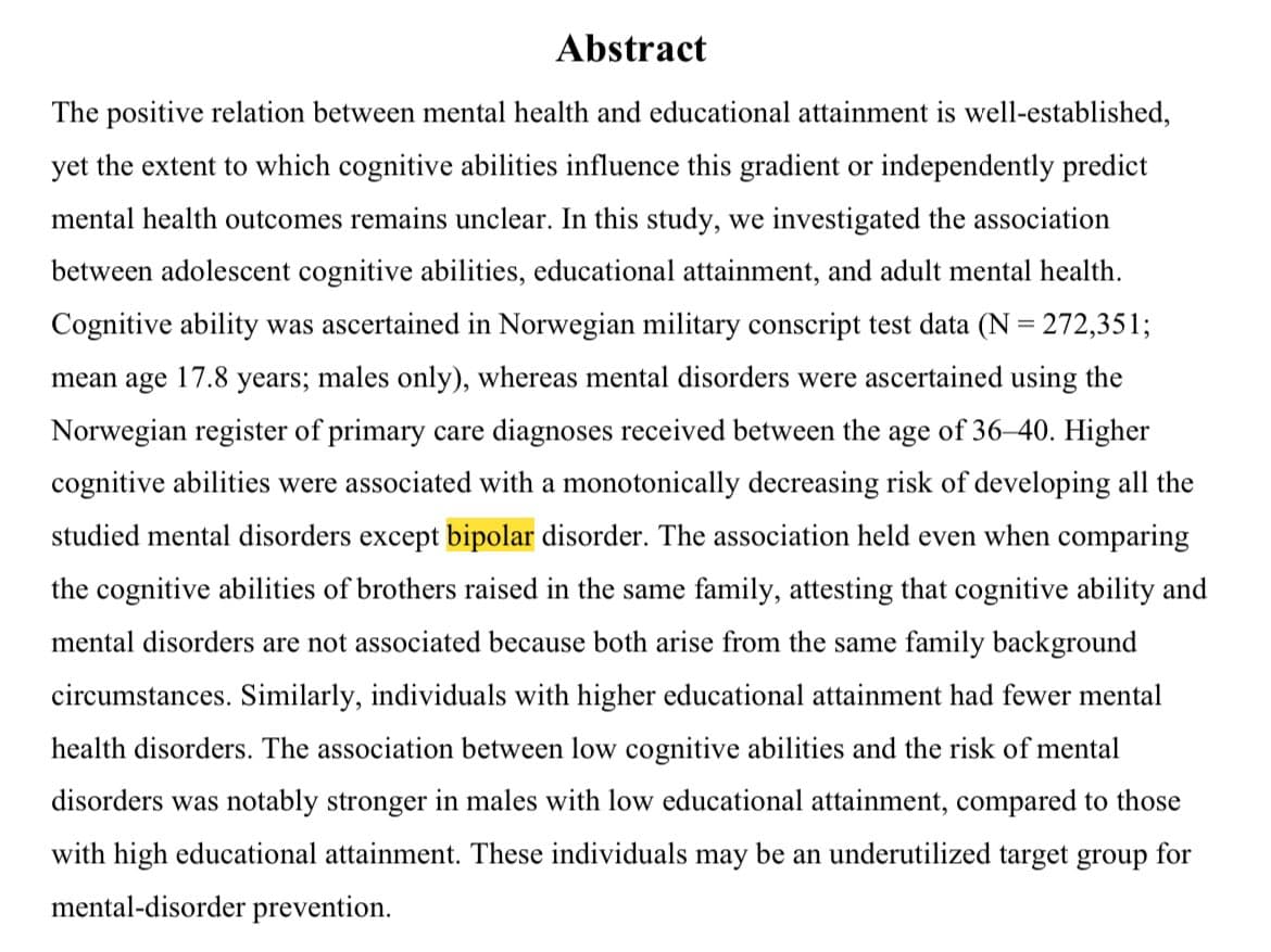 A screenshot of the abstract section from a research article, with the word 'bipolar' highlighted in yellow. The text discusses the relationship between cognitive abilities, educational attainment, and mental health outcomes.