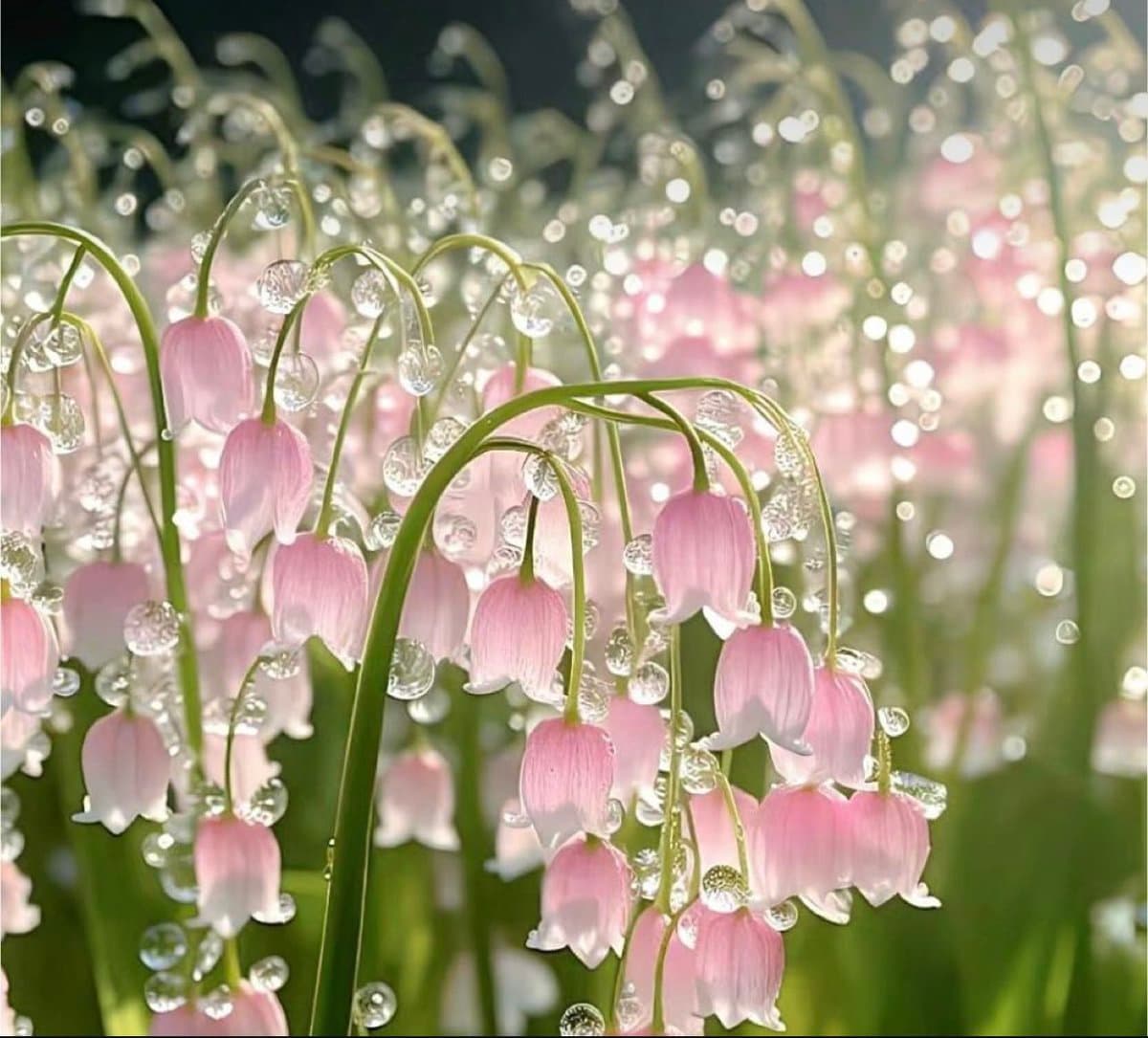 A close-up photograph of delicate pink bell-shaped flowers, likely lily of the valley, with their stems and petals covered in glistening water droplets. The background is softly blurred, highlighting the intricate details of the flowers and the sparkling droplets.