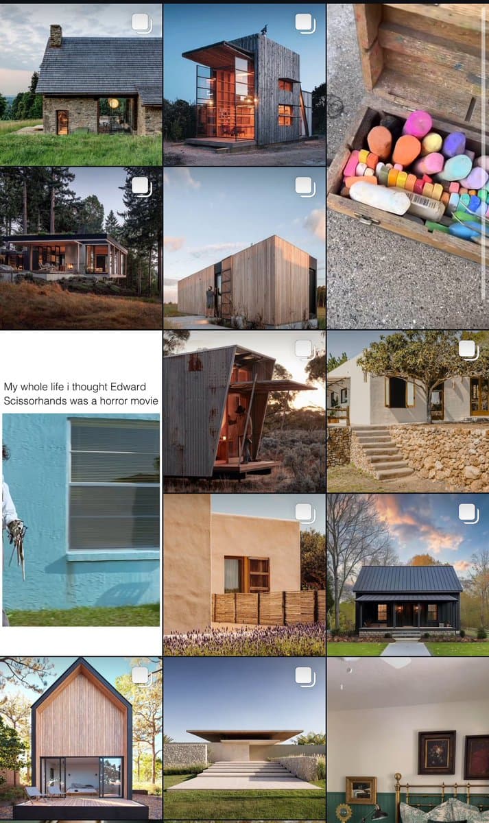 A screenshot of an Instagram search results page displaying a grid of twelve images, primarily featuring modern and contemporary architecture. One image in the grid is a meme with text overlaid on a photo of a blue wall.