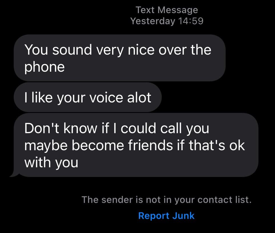 A screenshot of a text message conversation on a mobile phone. The messages are from an unknown sender and contain a friendly but unsolicited message about the recipient's voice and a request to become friends. The interface indicates the sender is not in the recipient's contact list and offers a 'Report Junk' option.